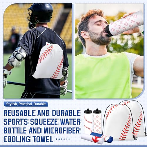 FuWeave 18 Pcs Baseball Party Favors Baseball Water Bottle Baseballs Cooling Towel Include 6 Water Bottle 6 Ice Towel 6 Drawstring Bag for Baseballs Party Favor Players Lovers Team Gifts Gym