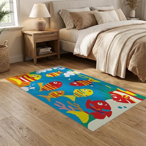 5'x7' Washable Modern Fish Area Rug, Yellow Non-Shedding Pet Friendly Carpet for Small Living Room, Playroom, Bedroom, Easy Care Kids Safe Mat | Ref:1887345 - color: Blue/Pattern 45, size: 5' x 7' (Rectangular)