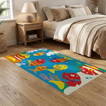 5'x7' Washable Modern Fish Area Rug, Yellow Non-Shedding Pet Friendly Carpet for Small Living Room, Playroom, Bedroom, Easy Care Kids Safe Mat | Ref:1887345 - color: Blue/Pattern 45, size: 5' x 7' (Rectangular)