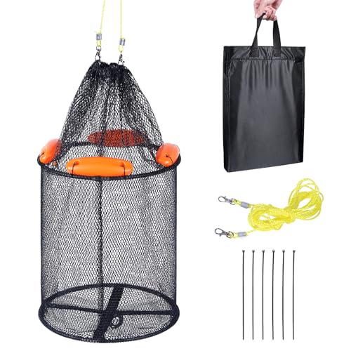 Large Foldable Floating Fishing Basket for Live Caught Fish, Collapsible Rubber-Coated Fish Net Kayak Bait Storage Cage with 5M Double Hook Nylon Rope and 6 Cable Ties, 1 Storage Bag