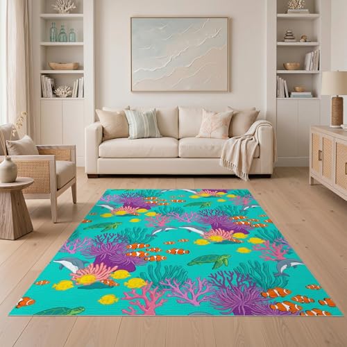 5'x7' Washable Graphic Fish Area Rug, Teal Flatwoven Floor Covering for Dining Room, Under Table, Home Office, Non-Slip Chair-Friendly Carpet | Ref:1942919 - color: Blue/Pattern 48, size: 5' x 7' (Rectangular)