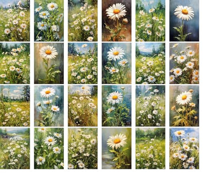 Large Stickers Pack 24 pcs ~ Serene Daisies Dance: an Artistic Journey Through Fields of White Petals and Green Foliage in Oil, Perfect for a Tranquil Stickers Collection - color: Fiftyseven