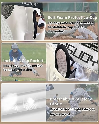 Youper Youth Elite Padded Baseball Sliding Shorts w/Soft Athletic Cup - color: White, size: Small