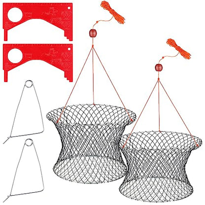 2 Sets Crab Trap Bait Wire Grid Bottom Crab Nets Foldable Fishing Net Hand Casting Cage with Harness and Bait Clip