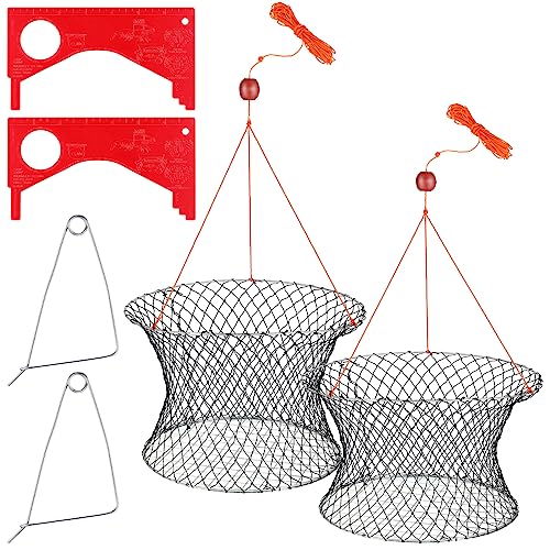2 Sets Crab Trap Bait Wire Grid Bottom Crab Nets Foldable Fishing Net Hand Casting Cage with Harness and Bait Clip