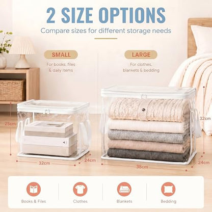 Clear Storage Bins with Lids, Plastic Storage Boxes and Closet Organizers for Under Bed Toy Storage, Foldable Moving Bags for Packing Clothes (White-8PCS, Small: 12.6 x 9.5 x 9.8 in)