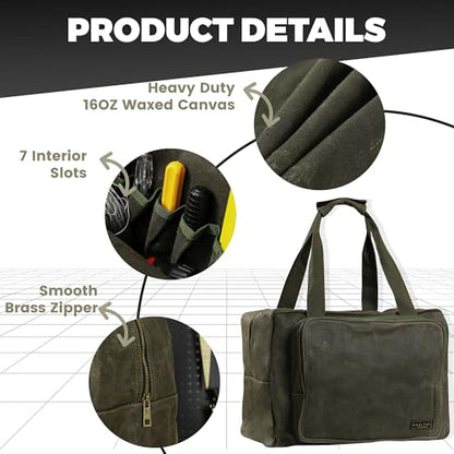 Tool Tote | Heavy Duty 16oz Waxed Canvas Tool Storage Bag - Portable 3 Pockets Tote Bag with Padded Handle& Metal Zipper, for Craftsman Gardener Carpenter Mechanic | 15.5"L x 7.5"W x 11.5"H - color: ArmyGreen