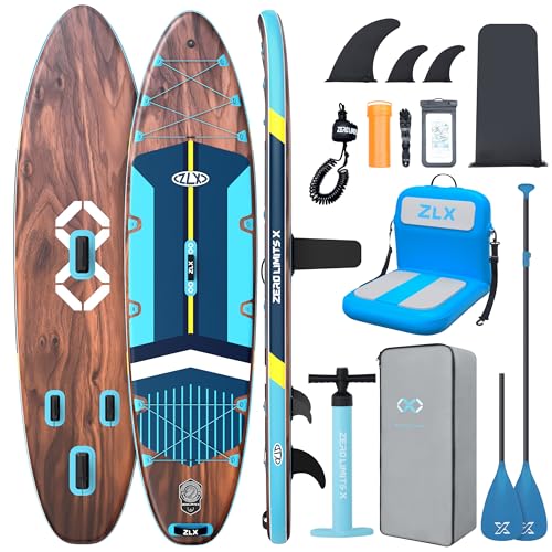 11'6"x35" Inflatable Paddle Board for Adults, Extra Wide Stable SUP | Stand Up Paddleboard, Non-slip EVA Deck, Complete Accessories, Unique Center Fin, for All Skill Levels Paddling On Any Water - color: Black Wood Seat
