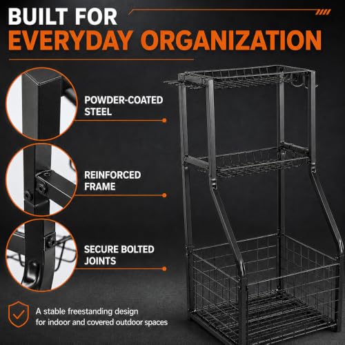 YueTong Garage Sports Organizer with Ball Rack, Bat Holder and 4 Hooks - color: Black – Fixed Feet