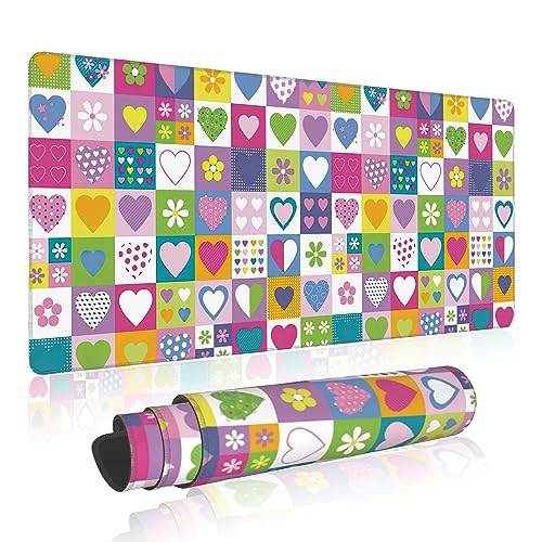 Extended Gaming Mouse Pad Checkered Heart Flower Large Mousepad with Stitched Edges,Anti-Slip Rubber Base Keyboard Mouse Mat Desk Pad for Gaming Home Office 35.4 x 15.7 inches - color: Checkered Heart Flower