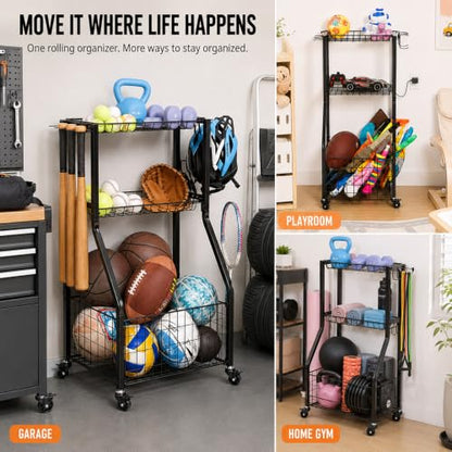 YueTong Rolling Sports Equipment Organizer with Locking Wheels and Ball Rack - color: Black – Locking Wheels