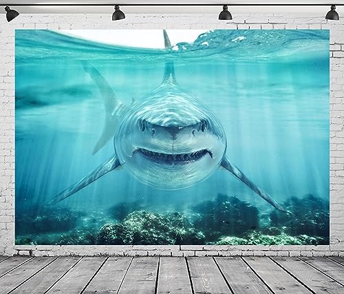 BELECO 12x8ft Fabric Shark Under The Sea Backdrop Aquarium Background Party Decorations Banner Birthday Photoshoot Studio Props Wallpaper - size: 12x8FT