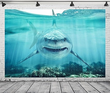 BELECO 8x6ft Fabric Shark Under The Sea Backdrop Underwater World Ocean Aquarium Background Shark Theme Party Decorations Banner Birthday Photoshoot Studio Props Wallpaper - size: 8x6FT