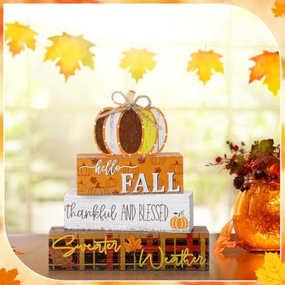 4 Pcs Thanksgiving Decorations Fall Wooden Sign Pumpkin Tiered Tray Decor Hello Fall Table Centerpiece Wood Blocks Table Top Sign for Home - style: Pumpkin