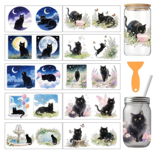 arricraft 10 Pcs Cat Theme Cup Printing UV Transfer Papers, 10 Styles Watercolor Fantasy Black Cat PVC DIY Heat Transfer Stickers for 16 OZ Glass Cups Crafts 9.5x4.3inch - style: Cat Theme