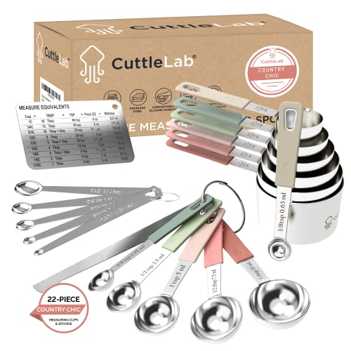 22-Piece Stainless Steel Measuring Cups and Spoons Set, Tad Dash Pinch Smidgen Drop Mini Measuring Spoons, Measuring Stick Leveler, Measurement Conversion Chart Fridge Magnet, (Country Chic) - color: Country Chic