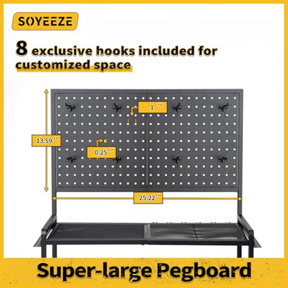 Large Size Fishing Rod Holders for Garage, 3-Tier Fishing Pole Rack with Pegboard and Hooks, Fishing Gear Tackle Box Organizer Up to 12 Rods, Rolling Fishing Storage Cart with Lockable Wheels
