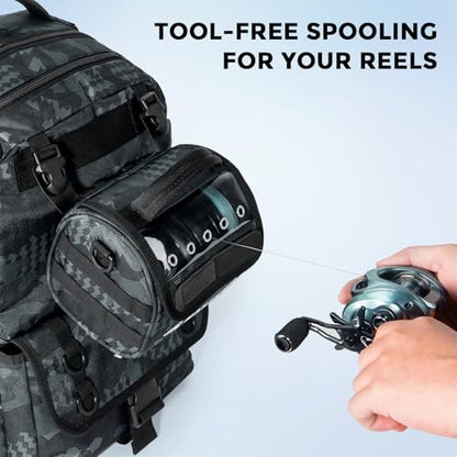 KastKing BaitSpace Line Management Bag, Fishing Line Storage Bag with Water Resistant Nylon, Clear View Window, Removable Divider, Tangle-free Leader Line Holder - color: A: Black Camo-Medium