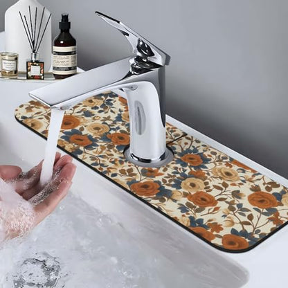Faucet Draining Mat For Kitchen Sink, Peony Flower Blue Leaves Diatom Mud Absorbent Drain Pad For Bathroom Kitchen Sink Splash Guard Drying Mat - color: Peony Flower Blue Leaves