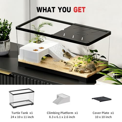 Aquatic Turtle Fish Tank 24" x 10" x 11", 11 Gallon Reptile Terrarium with Basking Platform & Bottom Drainage, PC Material Habitat Enclosure for Juvenile Turtle, Crayfish, Crab, Amphibian - size: 24" x 10" x 11"