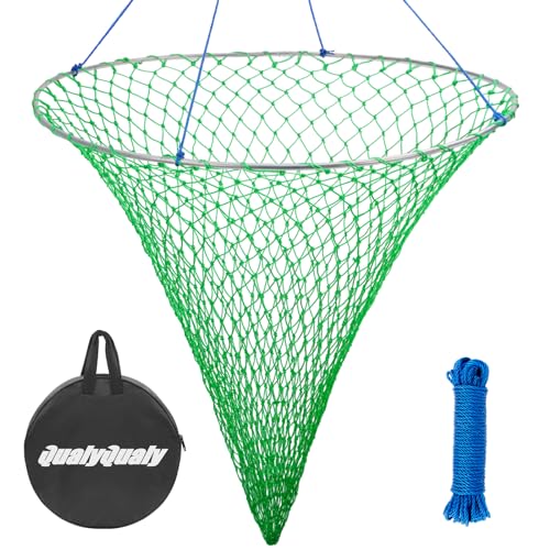 Large Bridge and Pier Fishing Net 32''/39'' Hoop, Foldable Drop Net Pier Fishing for Saltwater with Rope, Landing Net with Nylon Mesh, Collapsible Soft Steel Ring - color: Green, size: L: 39''×36''