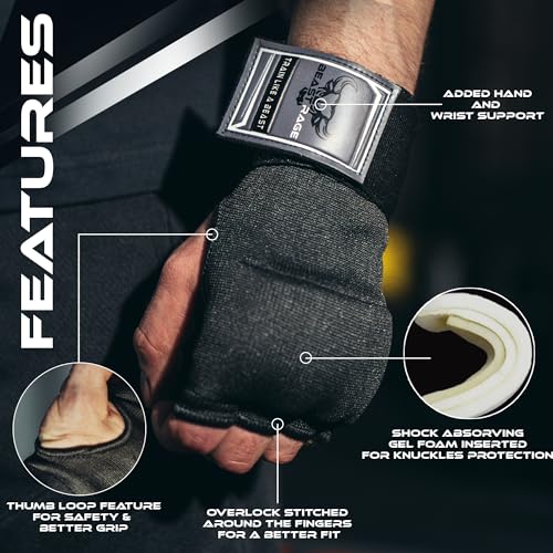 BEAST RAGE Inner Gloves with Hand Wraps Quick Wrap Long 36" Wrist Support MMA Muay Thai Bandages Punching Martial Arts Training Men Women Kickboxing Bandages Under Bag Gloves - color: Black Rage, size: M (Adult)