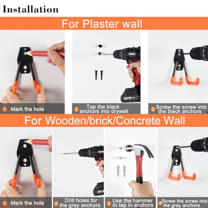 AOBEN 24PCS Garage Hooks, Heavy Duty Double Garage Hanger Organizer Wall Mount Iron Anti-Slip Garage Storage Hooks for Ladder, Power Tool,Bike,Ropes（23 Hooks & 1 hoder Strap-Black - size: 24PCS BL