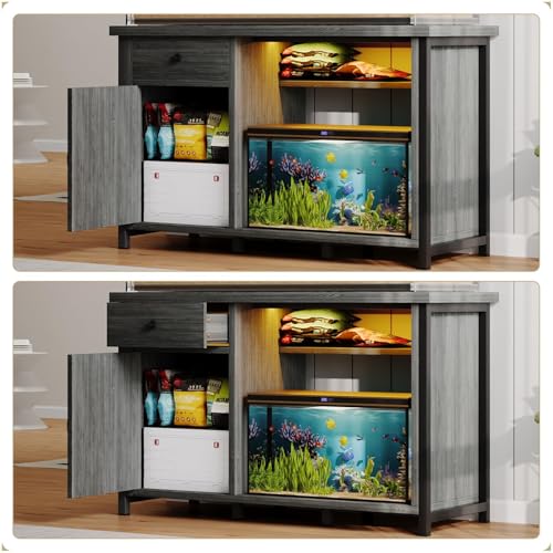 4ever2buy 55-75 Gallon Fish Tank Stand with Power Outlets, LED Light, Heavy Duty Aquarium Stand with Cabinet for Fish Tank Accessories Storage, for Turtle Tank, Reptile Terrarium, 1100LBS, Gray