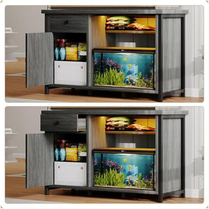 4ever2buy 55-75 Gallon Fish Tank Stand with Power Outlets, LED Light, Heavy Duty Aquarium Stand with Cabinet for Fish Tank Accessories Storage, for Turtle Tank, Reptile Terrarium, 1100LBS, Gray