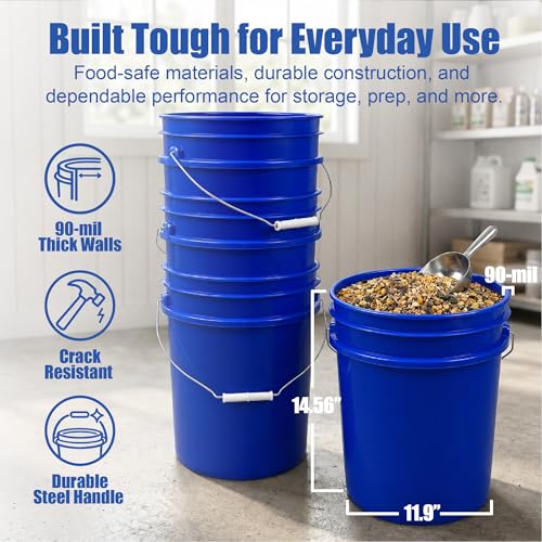 5 Gallon Bucket - Food Grade Bucket, Metal Handle Grip, BPA-Free, Heavy-Duty 90 Mil HDPE Plastic Pail, Stackable Utility Container, Made in USA, Lid Not Included, Blue, 6 Packs - color: Blue, size: 6 Packs