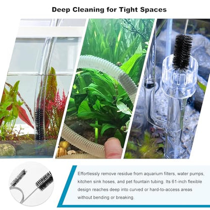2-Pack Flexible Dual-Ended Aquarium & Kitchen Tube Brush – Stainless Steel Core with Durable Black Plastic, 61-Inch Long Cleaning Tool for Hoses, Pumps, and Narrow Pipes（Black）