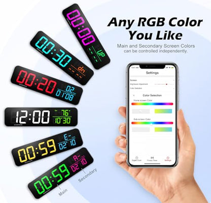 15.2" Gym Timer, App & Remote Control, Customizable LED Colors, Gym Clock | Stopwatch, Countdown, Count-up, Temperature, Date, Large Digital Wall Clokc for Home Gym Garage Office