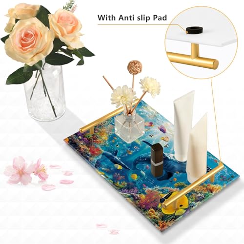 Bathroom Vanity Tray Counter Organizer, Whale and Vibrant Tropical Fish Underwater Decorative Tray with Handles Countertop Storage for Bathroom Bedroom Kitchen Home
