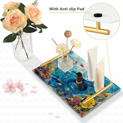 Bathroom Vanity Tray Counter Organizer, Whale and Vibrant Tropical Fish Underwater Decorative Tray with Handles Countertop Storage for Bathroom Bedroom Kitchen Home