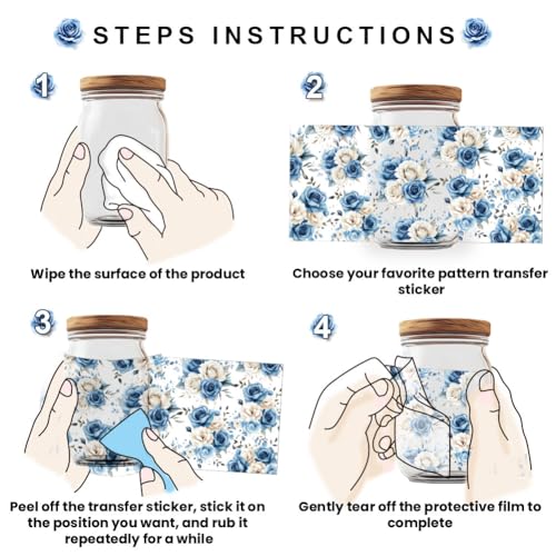 10 Sheets Flower UV DTF Cup Wraps for 16 OZ Glass, Blue Flower Rub on Transfers Waterproof PVC UV DTF Transfer Stickers for DIY Laptop Phone Case Decor - style: Blue Flower