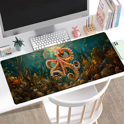 Octopus Ocean Gaming Mouse Pad, Office Desk Mat, Anti-Slip Rubber Base Cool Aesthetic Mouse Pads for Computer Laptop Keyboard School Home Desktop Gamer Home Accessories Decor 31.5" x 11.8"