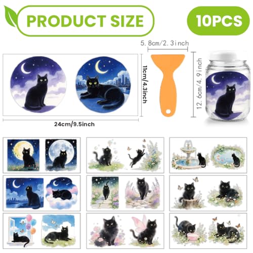 arricraft 10 Pcs Cat Theme Cup Printing UV Transfer Papers, 10 Styles Watercolor Fantasy Black Cat PVC DIY Heat Transfer Stickers for 16 OZ Glass Cups Crafts 9.5x4.3inch - style: Cat Theme