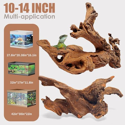 Natural Large Aquarium Driftwood for Fish Tanks & Reptile Terrariums – 100% Safe Fish Tank Decorations, 2-Piece 10-14 Inch Unique Twisted Branches Low Tannin, Easy to Sink