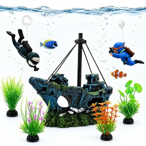 Fish Tank Decor, 7 Pcs Aquarium Decorations Set with Shipwreck Decoration, Little Diver and Fish Tank Plants, Betta Fish Tank Accessories for Visual Enhancement