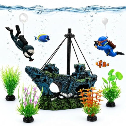 Fish Tank Decor, 7 Pcs Aquarium Decorations Set with Shipwreck Decoration, Little Diver and Fish Tank Plants, Betta Fish Tank Accessories for Visual Enhancement