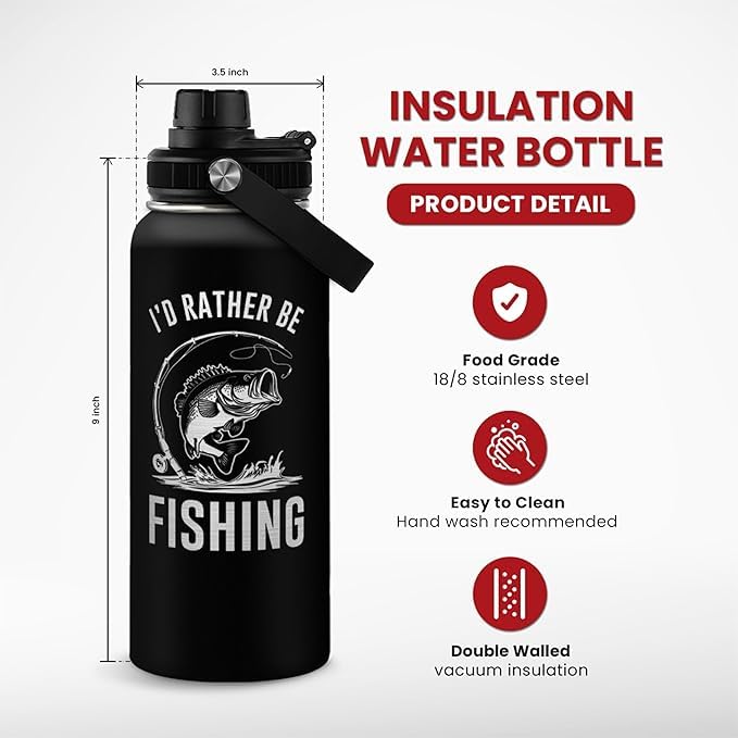Fishing Insulated Engraved Stainless Steel Water Bottle 32oz, Vacuum Chug Lid Travel Tumbler for Men Friends Dad Grandpa Fisherman, I'd Rather Be Fishing, Birthday Christmas Father's Day - color: Fishing 2