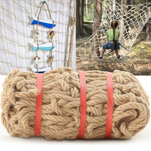 Hemp Rope Net (4ft x 12ft) Heavy Duty Natural Jute Rope Climbing Safety Netting for Balcony Stairs, Fence, Garden, Playground Protection & Indoor/Outdoor Decor - size: 4ftx12ft