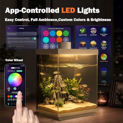 5 Gallon Smart Aquarium Kit, APP Control, Auto Feeder, LED Light, Self-Cleaning Filter, Glass Desktop Tank for Betta/Tetra/Goldfish, Dual-Tank Feeding Supported, Divider Not Included