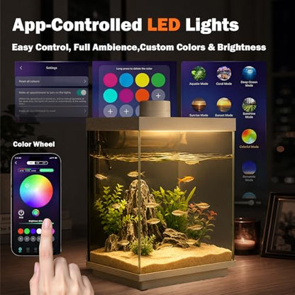 5 Gallon Smart Aquarium Kit, APP Control, Auto Feeder, LED Light, Self-Cleaning Filter, Glass Desktop Tank for Betta/Tetra/Goldfish, Dual-Tank Feeding Supported, Divider Not Included