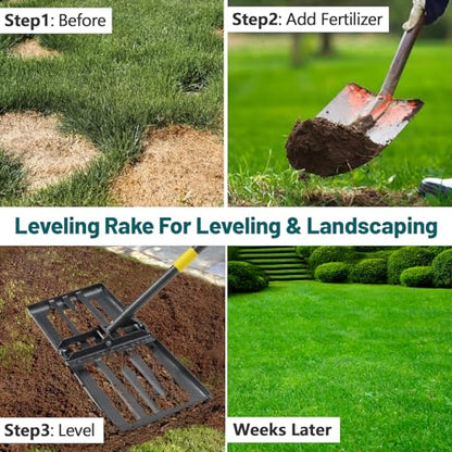 BsBsBest Lawn Leveling Rake, 26"x25" Peat Moss Spreader with 6FT Adjustable Handle Dirt Ground Level Tool for Yard Garden Golf Course Farm Pasture