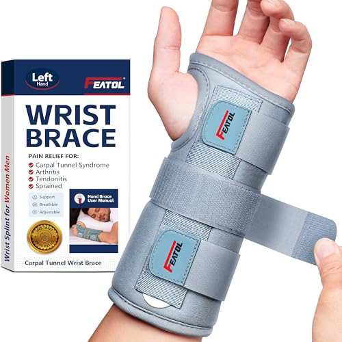 FEATOL Carpal Tunnel Wrist Brace Night Support, Adjustable Left Hand Brace - size: Small/Medium (Pack of 1), style: Left Hand -Grey