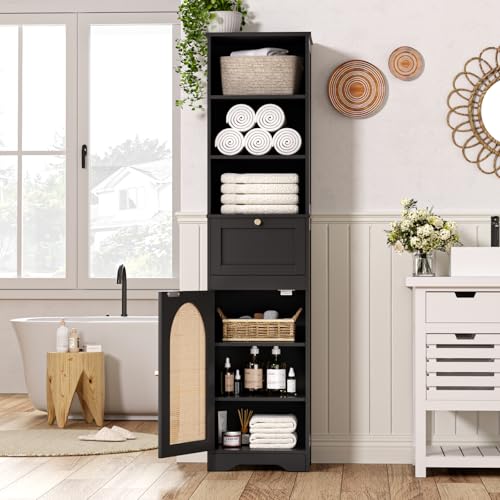 FiveWillowise 67"H Bathroom Storage Cabinet with Rattan Doors and Slide Storage, Tall Narrow Standing Tower Cabinet with Adjustable Shelves, Small Bathroom Floor Organizer for Entryway, Kitchen, Black