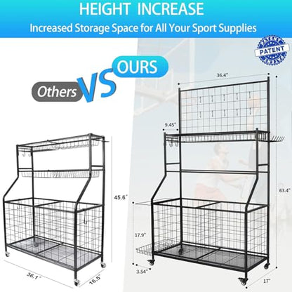 Sports Equipment Organizer,Garage Ball Storage Rack with Basketball Rack with Hooks and Rolling Wheels Cart (BLACK)