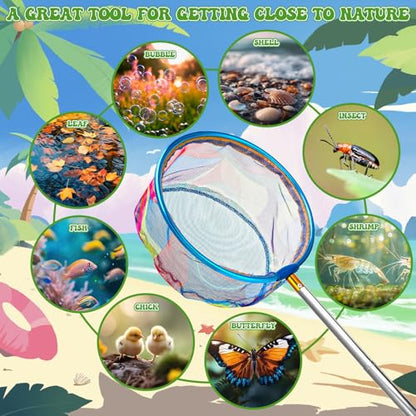 2 Pack Telescopic Kids Fishing Net with Handle, 2 Collapsible Bucket Sand Pail, Stainless Steel Foldable Fishing Net Small Fishing Butterfly Bug Net Beach Shovel with Storage Bag