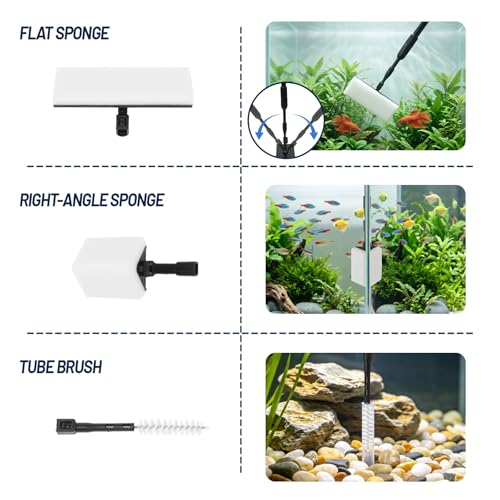 RUKANG Fish Tank Cleaner, 6 in 1 Aquarium Cleaning Tools Kit with 23~34 Inches Adjustable Long Handle Replaceable Blade Silicone Strip Algae Scraper Scrubber Brushes Set